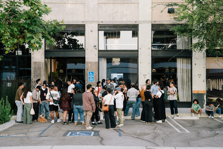 A big crowd of people outside the new 3sixteen LA store.