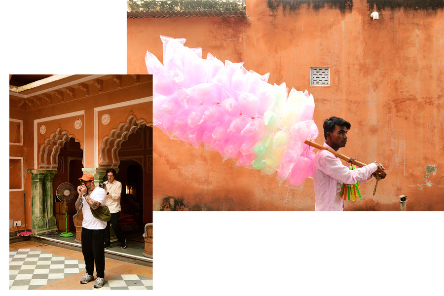 A collage of photos of a man taking pictures and a man walking by with balloons.