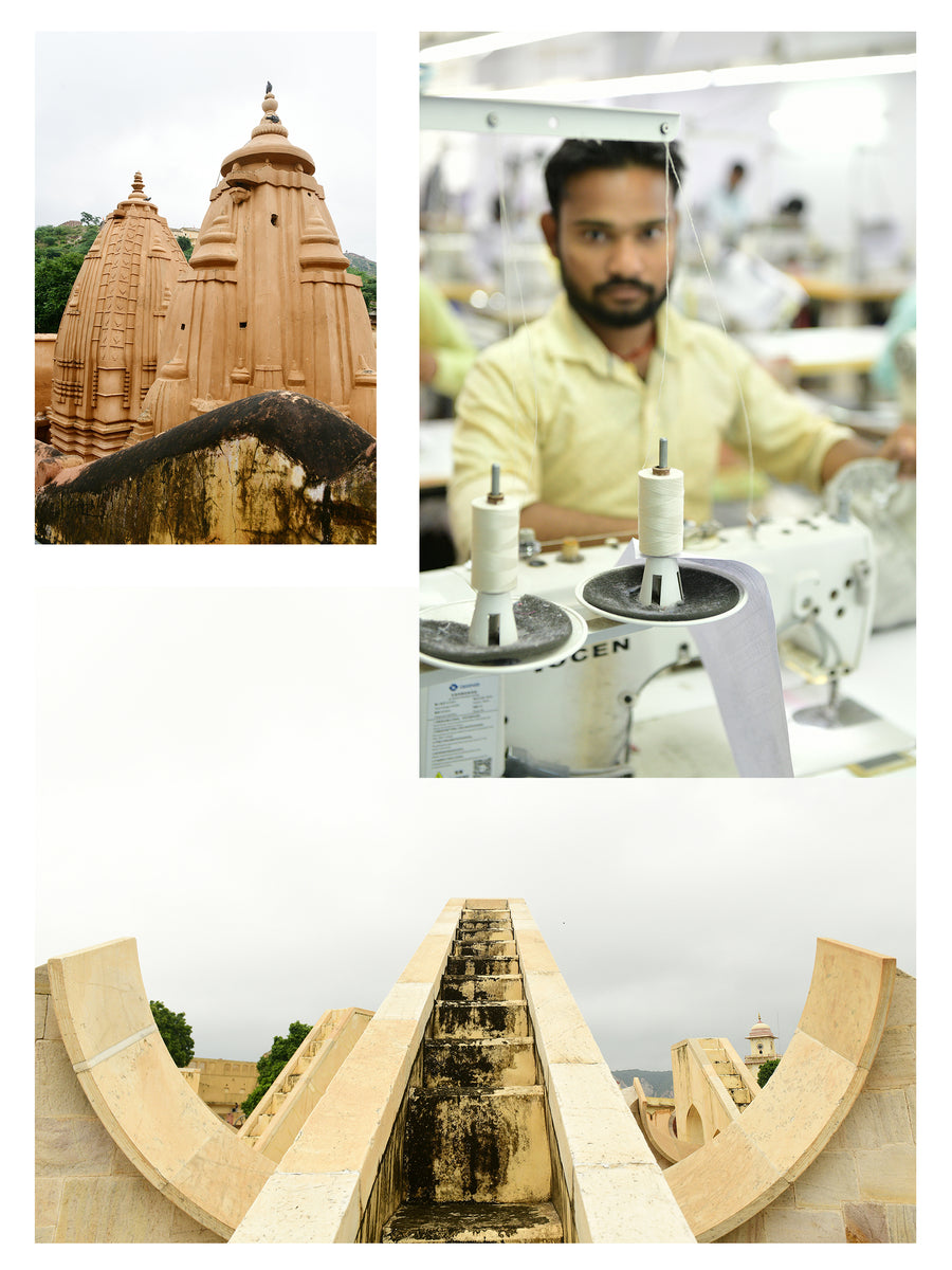 A triptych of images of landmarks in Jaipur and a man sewing garments.
