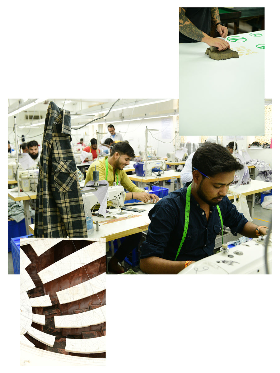 A triptych of images of craftsmen making beautiful clothes in India.