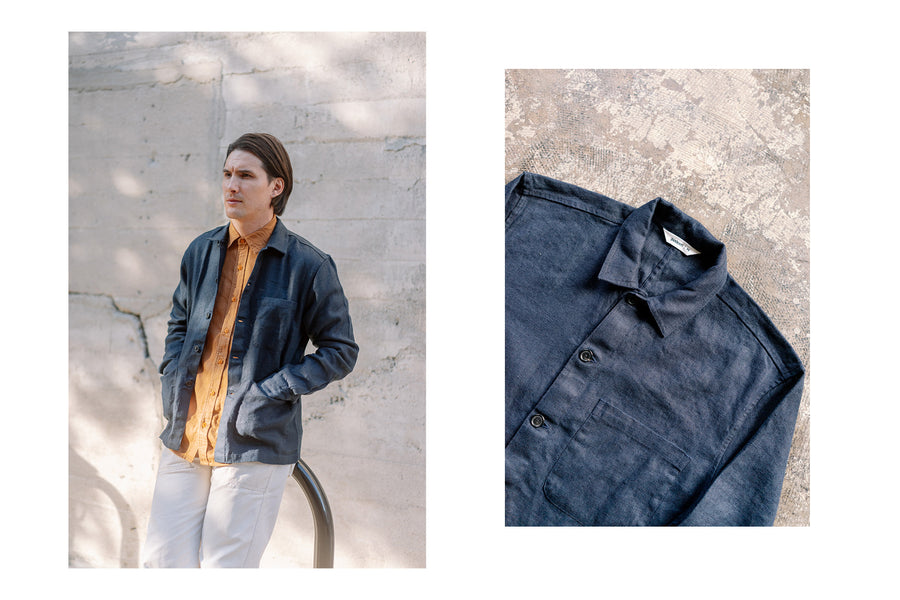 A diptych of a man in a navy jacket and orange shirt.