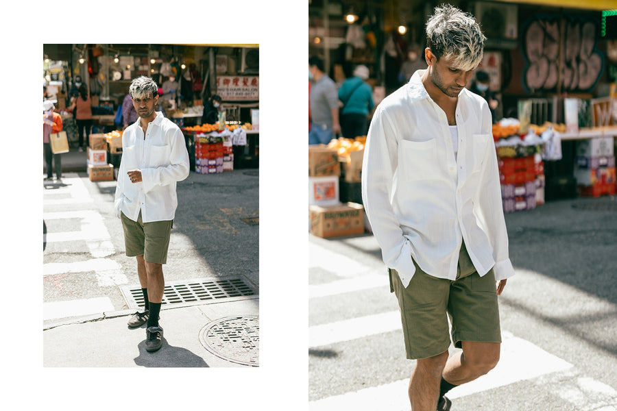 A diptych of a man in a white shirt and olive shorts.