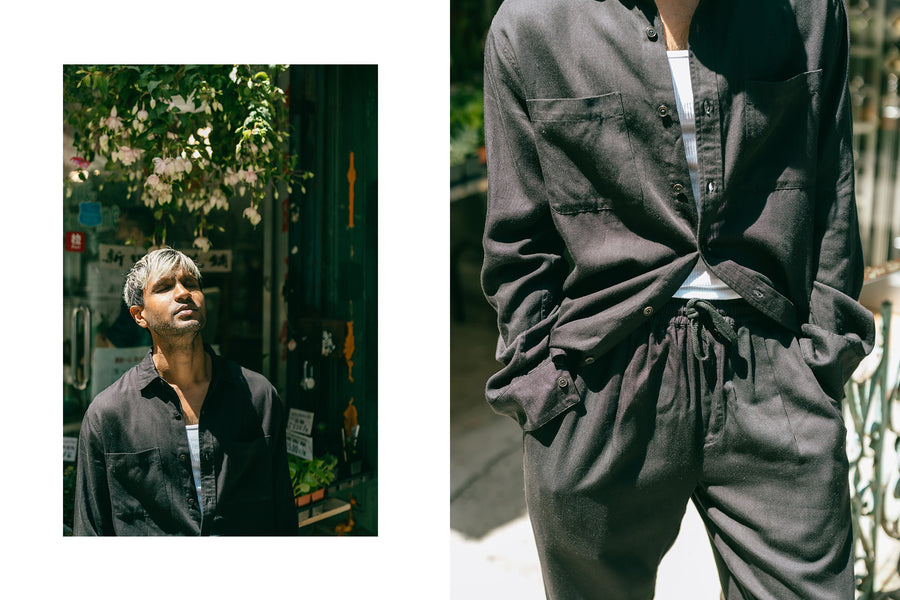 A diptych of a man in a black shirt and pants in the bright summertime sun.