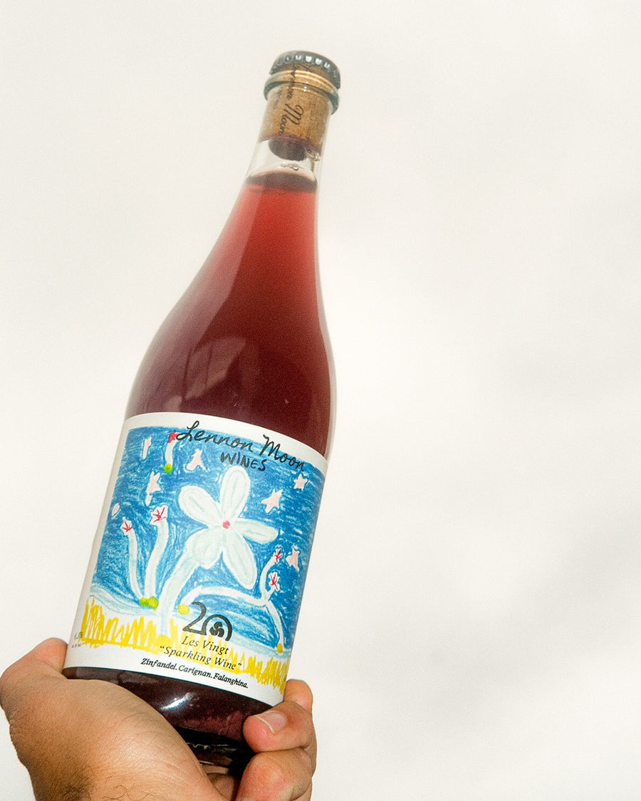 A bottle of wine held up against a white background.