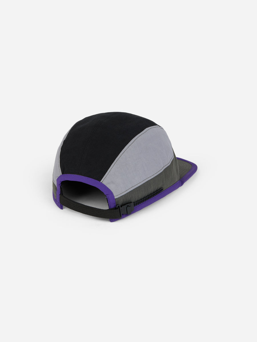 Black and gray cap with purple accents on a white background