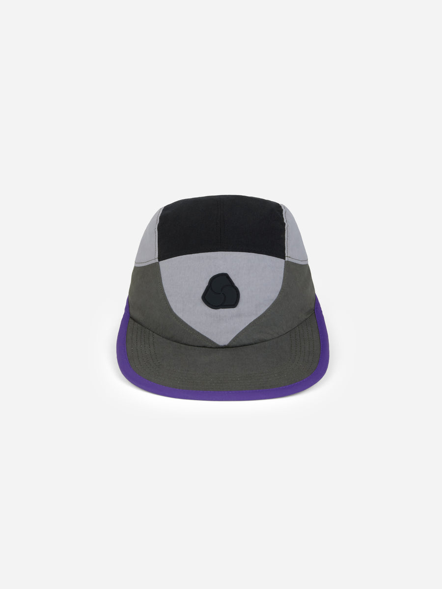 Three-tone cap with black, gray, and purple on a white background