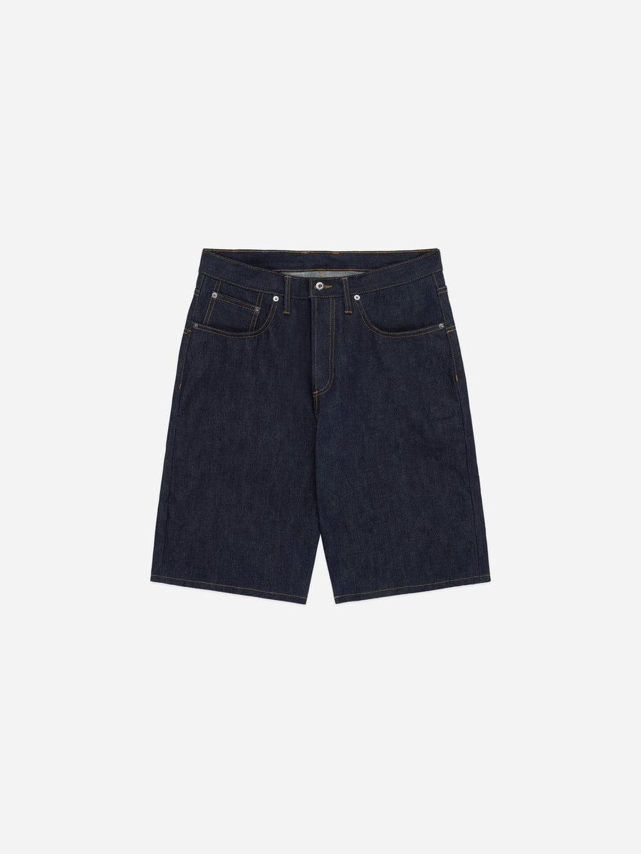 Dark blue denim shorts on a white background