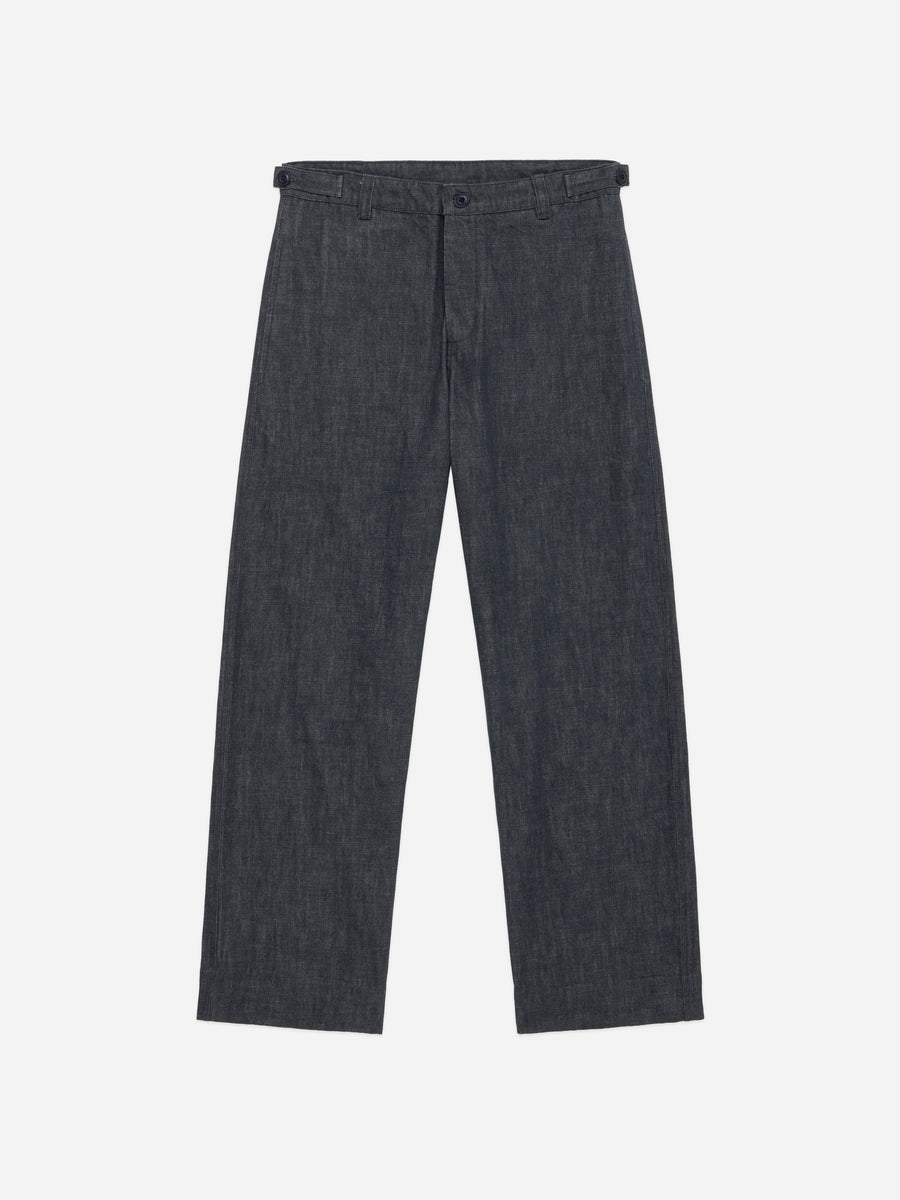 Dark charcoal gray denim trousers shown flat against a light gray background.