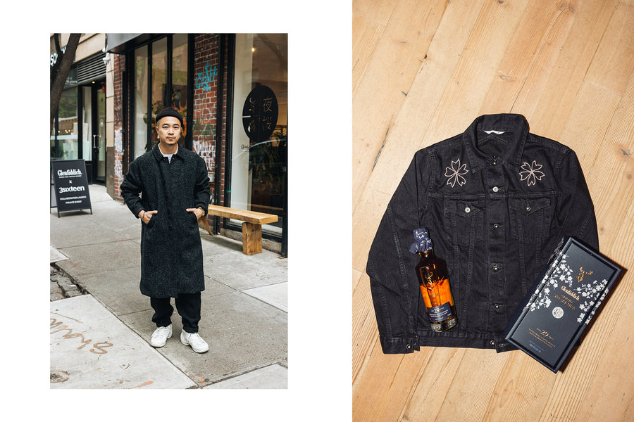 A man in a black coat stands on the street, next to a picture of a black denim jacket