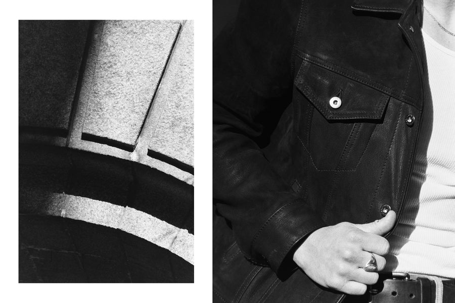 A diptych of a concrete archway and a detail shot of a leather jacket.