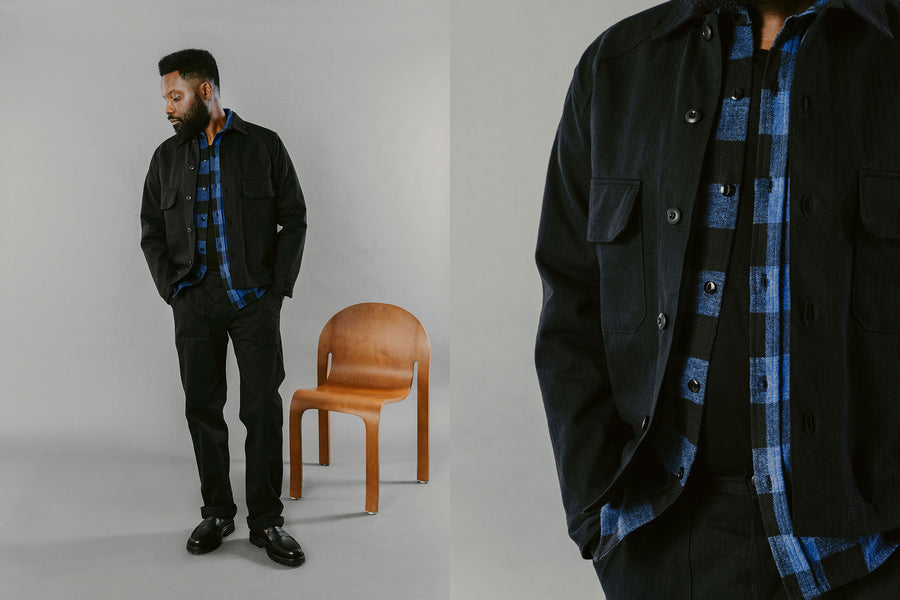 A diptych of a man in a black shirt and pants 