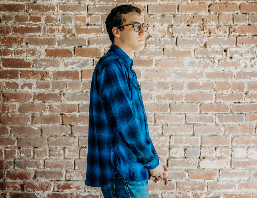 Spencer wearing the blue ombre overshirt.