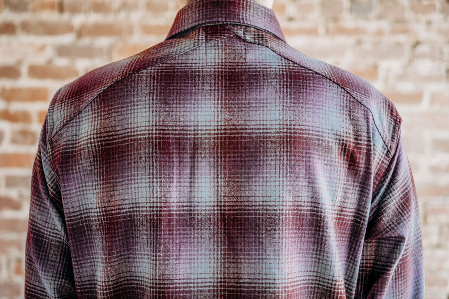 Close up of our signature crosscut detailing on rear of over shirt.