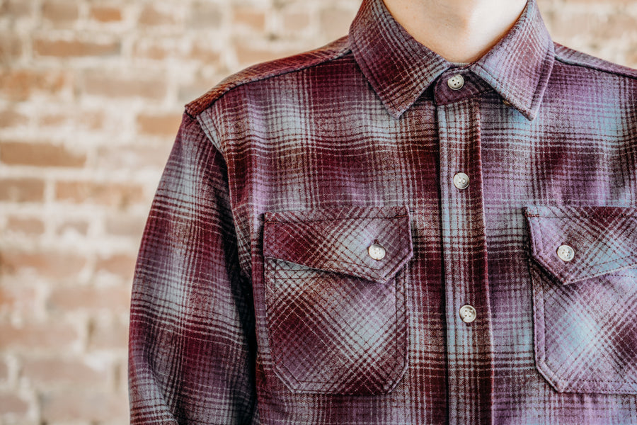 Close up shot showing details of the purple ombre over shirt.