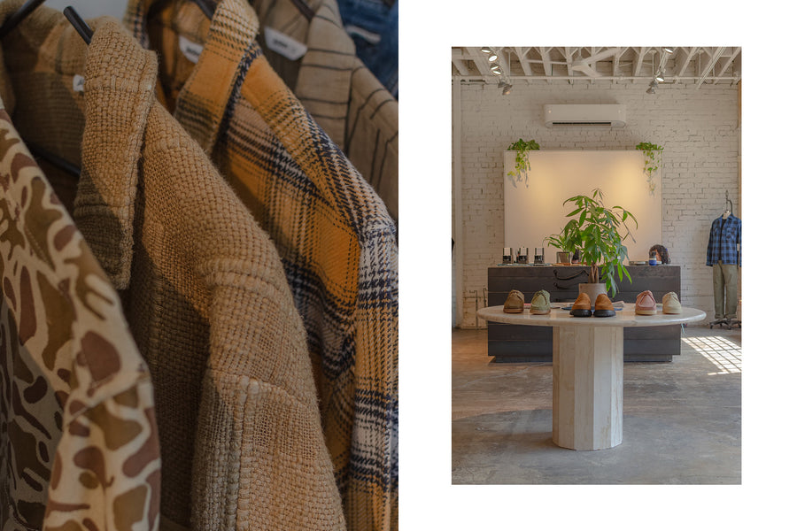 A diptych of photos - one look at shirts and a photo of the store interior.
