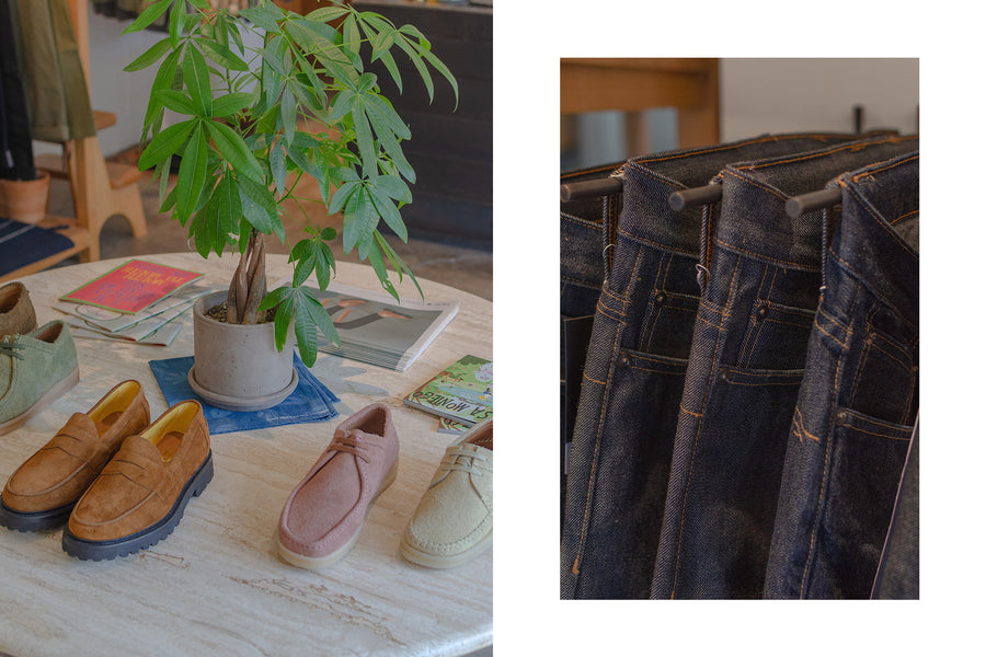 A diptych of our LA shop - jeans hang on black hangers and shoes on a travertine table.