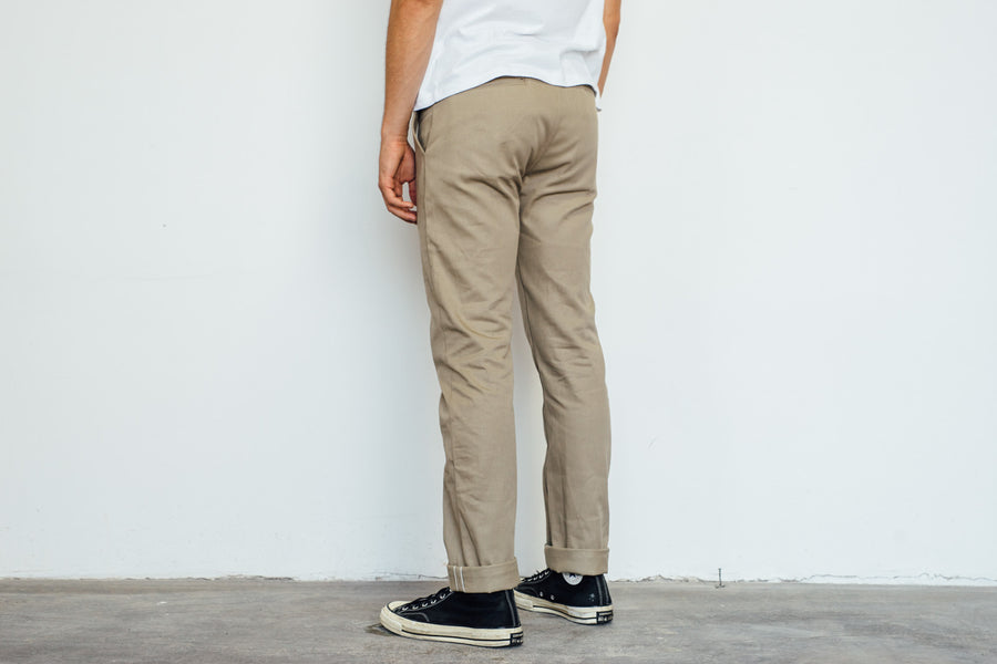 Rear view of khaki chino.
