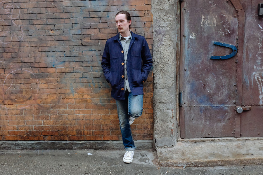 Man modeling new sashiko work jacket.