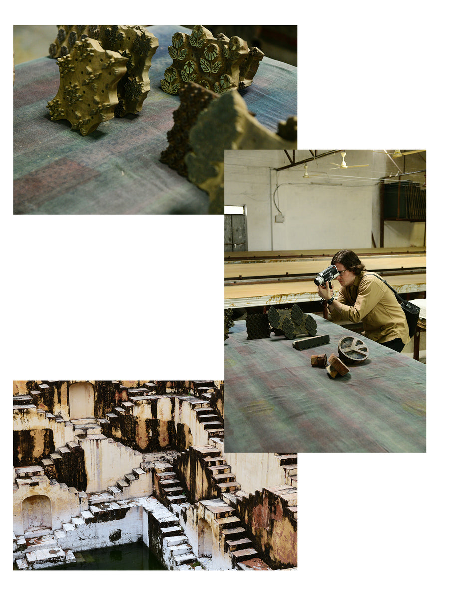 A triptych of images from a block printing factory in India.