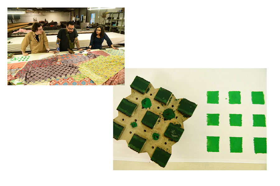 A diptych of images at a block printing factory overseeing the process.