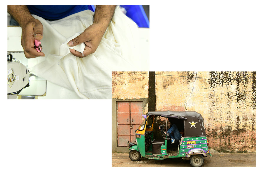 Someone sewing a garment on a sewing machine