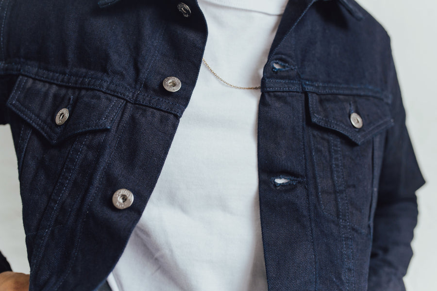 Closeup shot of a 3sixteen Type 3s shadow selvedge jacket