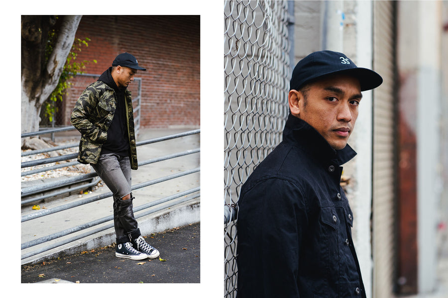 A diptych of a man in a camouflage jacket and a waxed canvas trucker jacket.