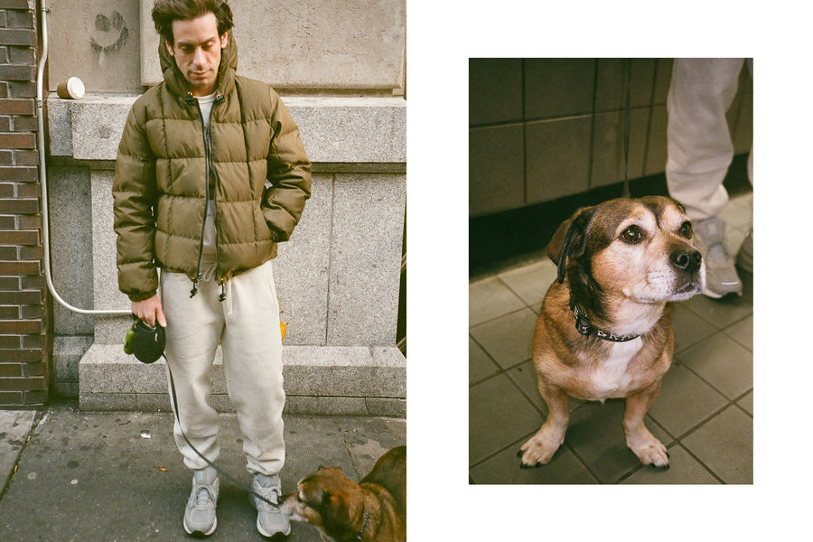 A diptych of a man walking a dog in an olive puffer.