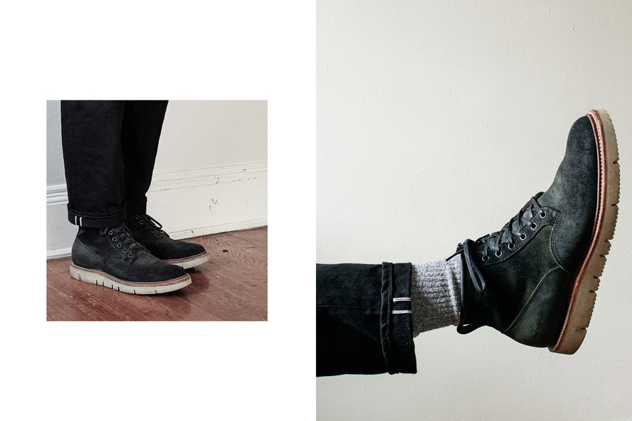 A diptych of a pair of black boots