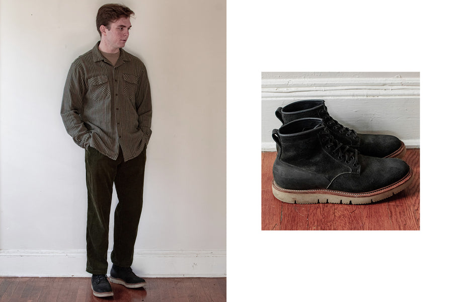 A diptych of a man wearing the boots along with a still image of them.