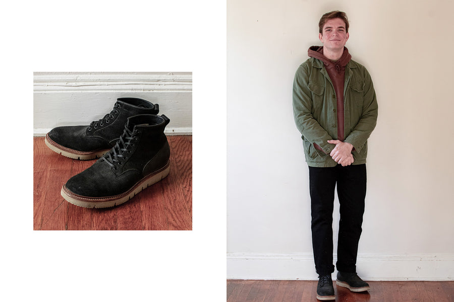 A diptych of a man wearing the boots along with a still image of them.