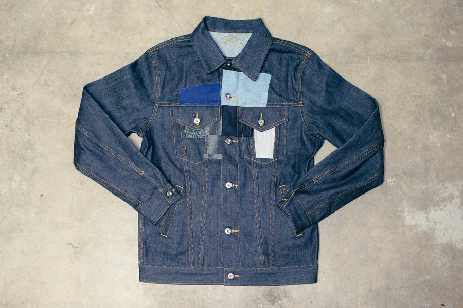 Front view of the patchwork type 3 denim jacket.