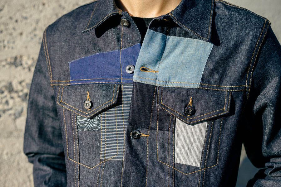 Model shown wearing the patchwork type 3 denim jacket.