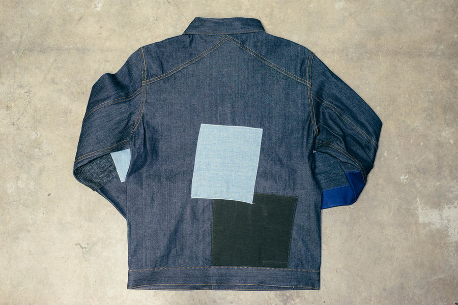 Rear view of the patchwork type 3 denim jacket.