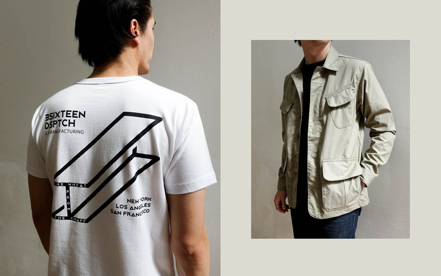A model poses facing away from the camera to show a black graphic on a white tee; to the right, the model wears a tan colored BDU jacket.