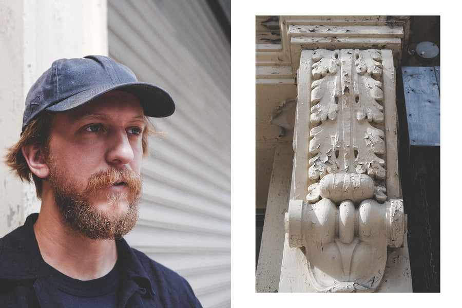 A diptych of a man in a baseball cap alongside a white column