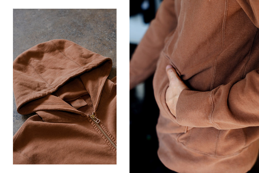 A diptych of the clove hoody showing the detail of the fabric.