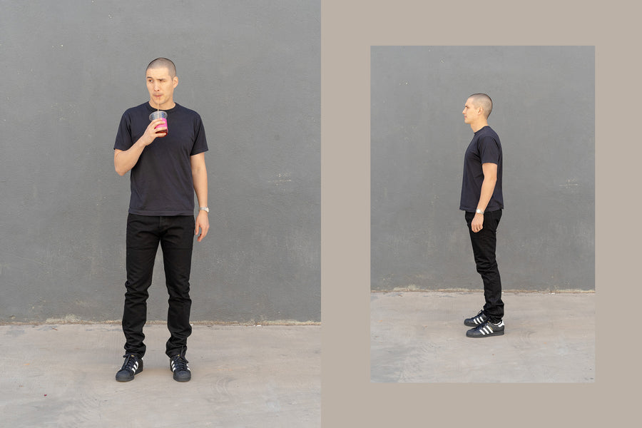 A diptych of a man in black tapered jeans.