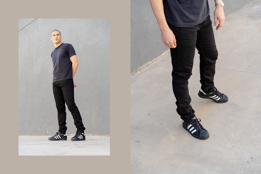 A diptych of a man in black tapered jeans.