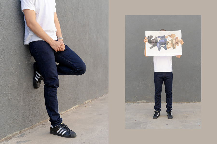 A diptych of a man in tapered shadow jeans standing against a grey wall.