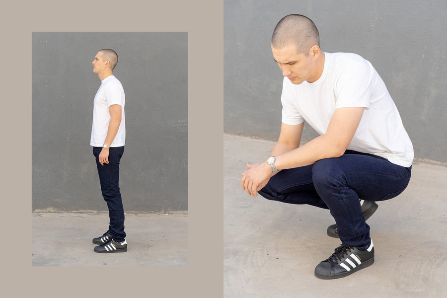 A diptych of a man in tapered shadow denim.