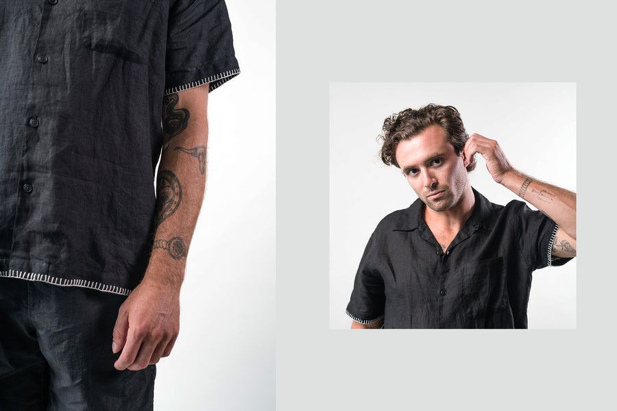 A diptych of a man wearing a black linen shirt.
