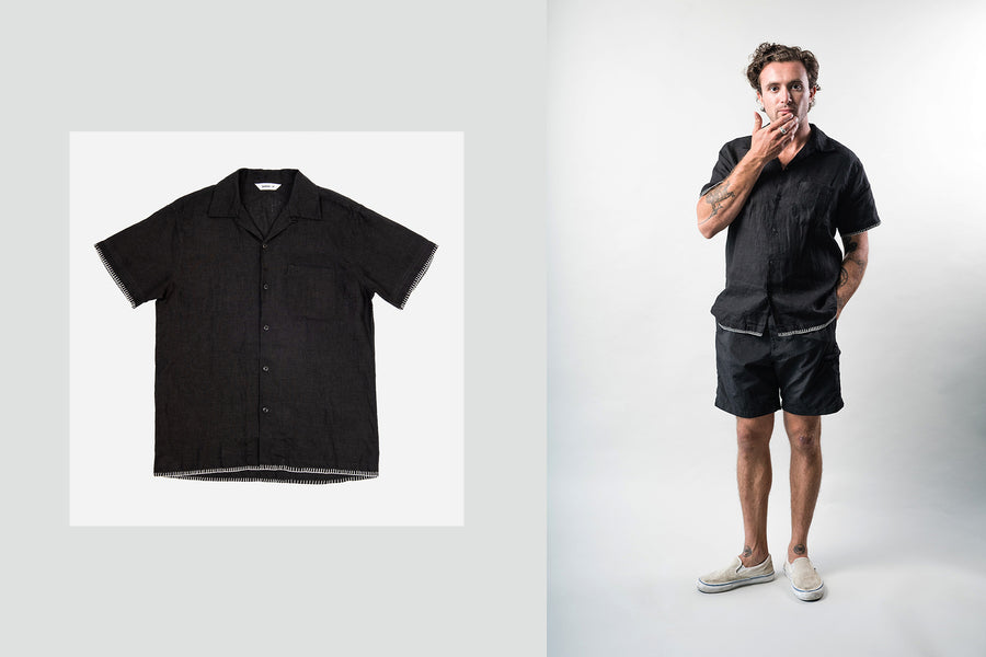 A diptych of a man in linen shirt and black nylon shorts in a studio.