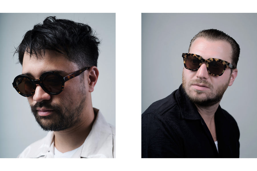 Two headshots of men wearing tortoise shell sunglasses.