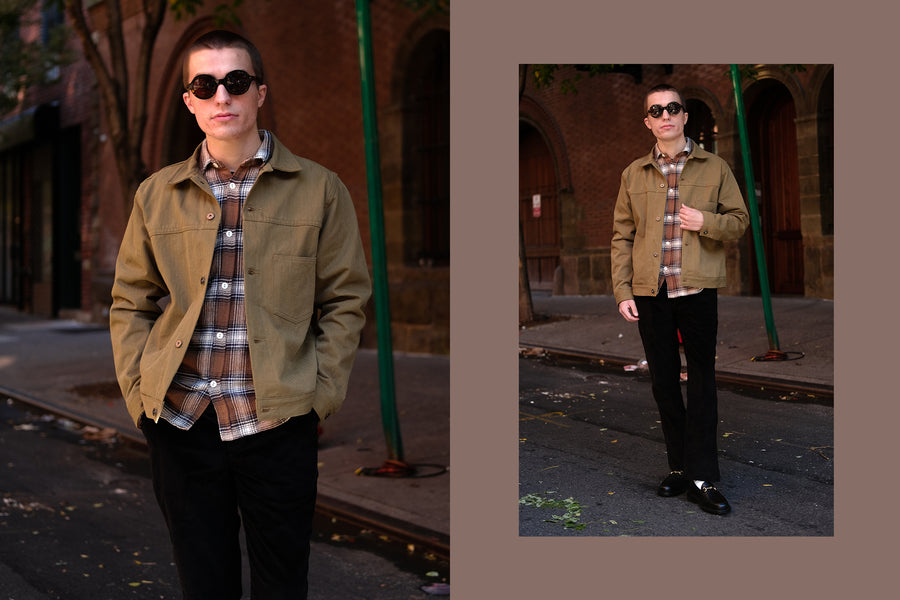 A diptych of a man in a brown flannel and tan jacket.