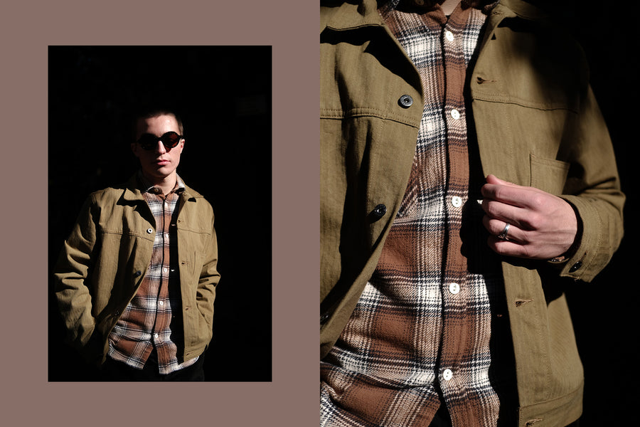 A diptych of a man in round sunglasses, brown flannel and tan jacket standing on a street.