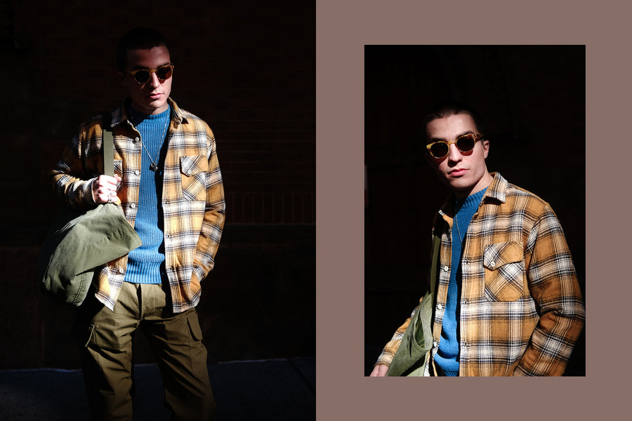 A diptych of a man in a blue sweater with a yellow flannel layered over it on the street.