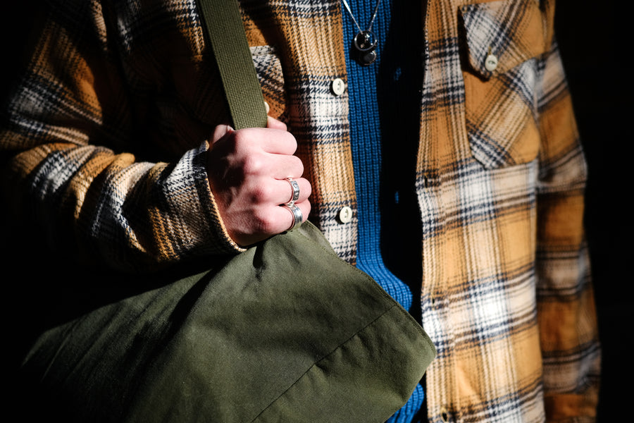A detail shot of a blue sweater and a yellow plaid flannel.