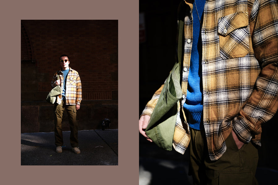 A diptych of a man in a blue sweater with a yellow flannel layered over it on the street.