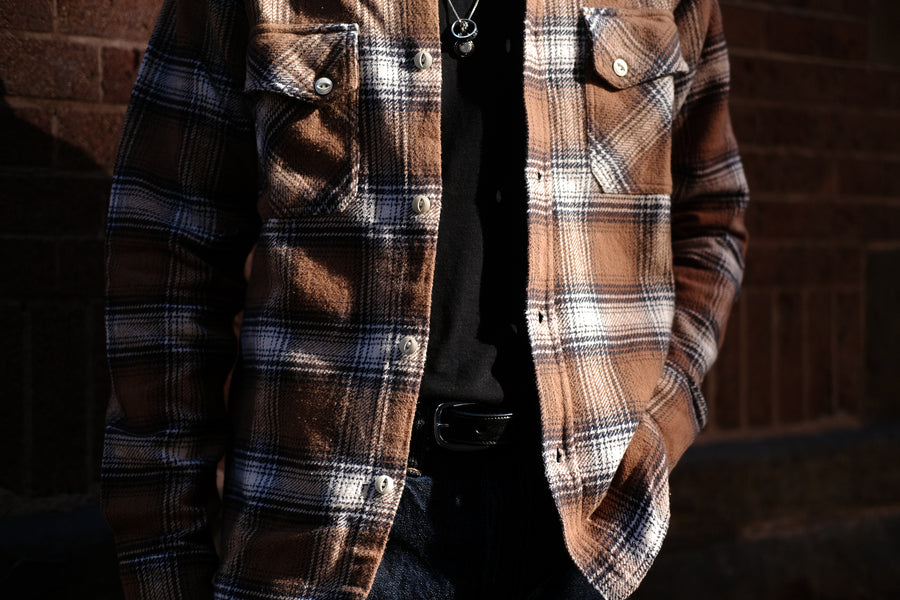 A detail shot of a brown flannel and blue jeans.